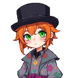 A ginger-haired boy, 16 years old, with a black top hat covering half of his head and bright green eyes