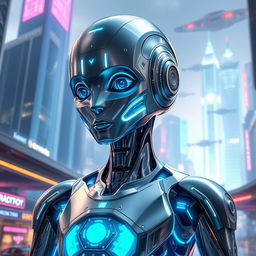 A futuristic android with sleek metallic features and luminous blue accents, standing in a high-tech urban environment