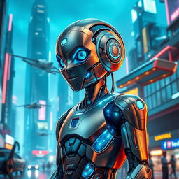 A futuristic android with sleek metallic features and luminous blue accents, standing in a high-tech urban environment