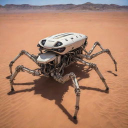 A desert-colored vehicle designed with eight robotic, spider-like legs.