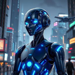 A futuristic android with sleek metallic features and luminous blue accents, standing in a high-tech urban environment
