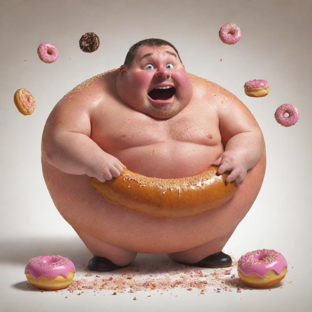 Illustrate part five of 'The Chronicles of Donut Dave' whimsically, depicting Dave becoming exceedingly fat and eating so much that he 'explodes'