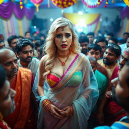 A busty blonde bride dressed in a transparent saree that showcases her colorful strapless bikini and highlights her big breast cleavage, appearing somewhat terrified as she is surrounded by a dense crowd of male Indian guests at a lively and cheap Indian wedding