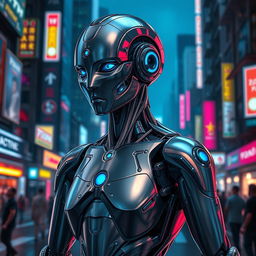 A detailed humanoid android with sleek metallic skin, glowing blue circuits, and expressive eyes