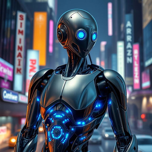 A detailed humanoid android with sleek metallic skin, glowing blue circuits, and expressive eyes