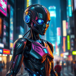 A detailed humanoid android with sleek metallic skin, glowing blue circuits, and expressive eyes