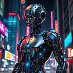 A detailed humanoid android with sleek metallic skin, glowing blue circuits, and expressive eyes