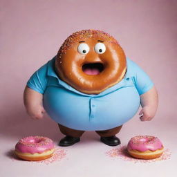 Illustrate part five of 'The Chronicles of Donut Dave' whimsically, depicting Dave becoming exceedingly fat and eating so much that he 'explodes'