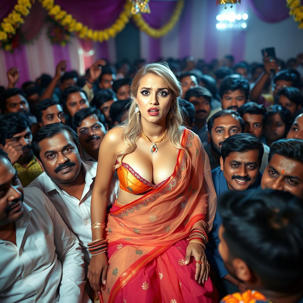 A busty blonde bride appearing terrified, wearing a colorful transparent saree over her strapless bikini that highlights her big breast cleavage, sitting on the lap of a male guest