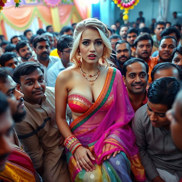 A busty blonde bride appearing terrified, wearing a colorful transparent saree over her strapless bikini that highlights her big breast cleavage, sitting on the lap of a male guest