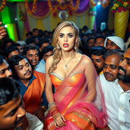 A busty blonde bride appearing terrified, wearing a colorful transparent saree over her strapless bikini that highlights her big breast cleavage, sitting on the lap of a male guest