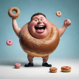 Illustrate part five of 'The Chronicles of Donut Dave' whimsically, depicting Dave becoming exceedingly fat and eating so much that he 'explodes'