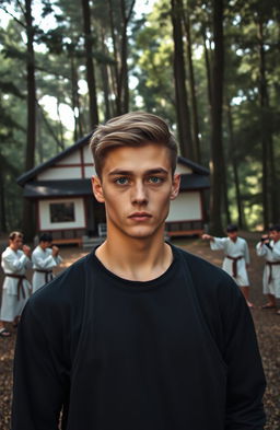 A young man with striking blue eyes stands confidently in front of a building in a forest