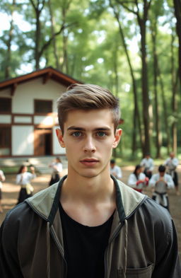 A young man with striking blue eyes stands confidently in front of a building in a forest