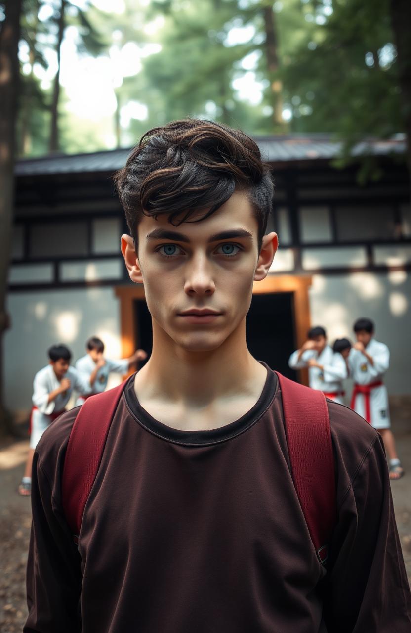 A young man with striking blue eyes stands confidently in front of a building in a forest