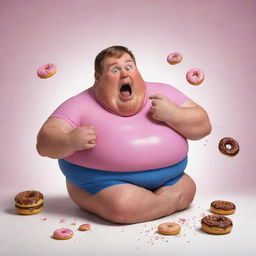 Illustrate part five of 'The Chronicles of Donut Dave' whimsically, depicting Dave becoming exceedingly fat and eating so much that he 'explodes'