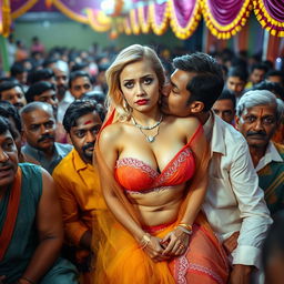 A busty blonde bride dressed in a colorful transparent saree over her strapless bikini, showcasing her big breast cleavage
