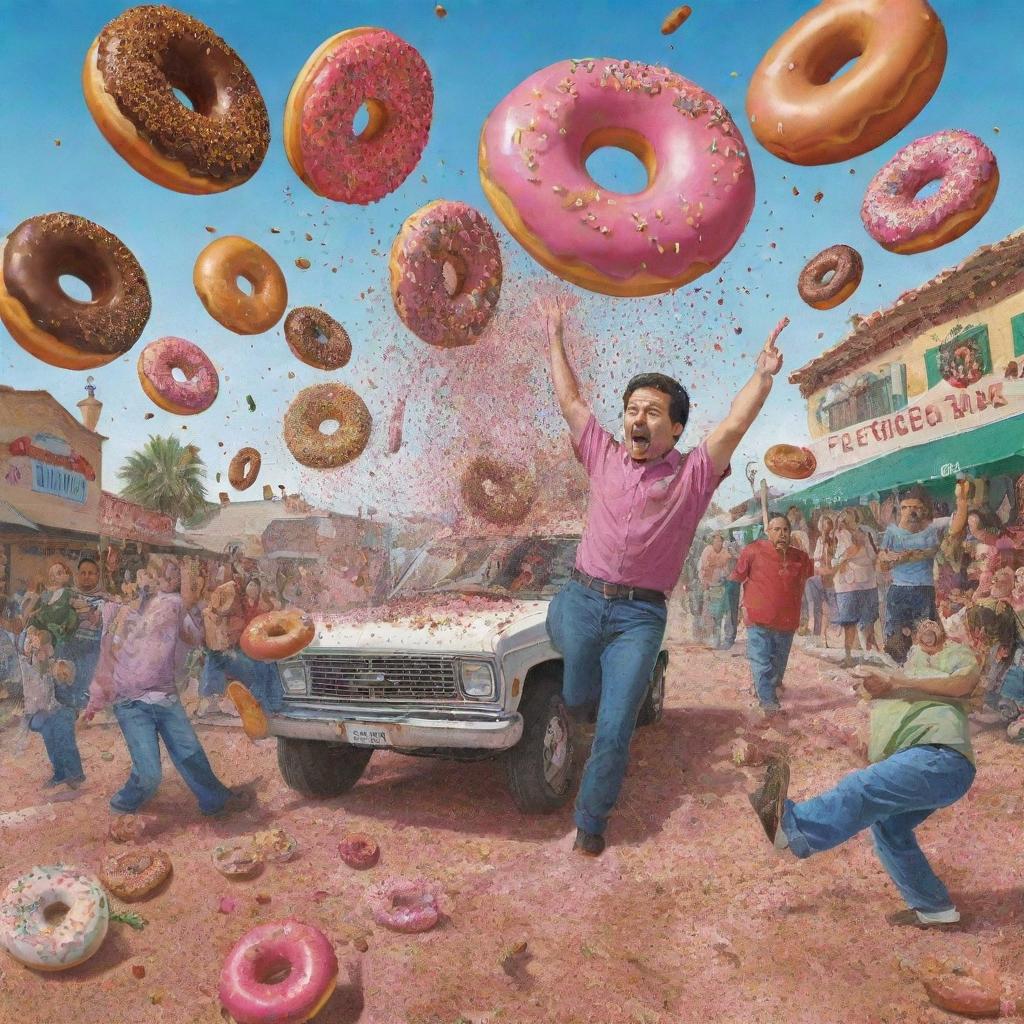 Whimsical illustration of 'The Chronicles of Donut Dave' part six, showcasing a Mexican fiesta-like scene with donuts exploding everywhere