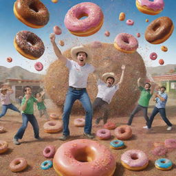 Whimsical illustration of 'The Chronicles of Donut Dave' part six, showcasing a Mexican fiesta-like scene with donuts exploding everywhere