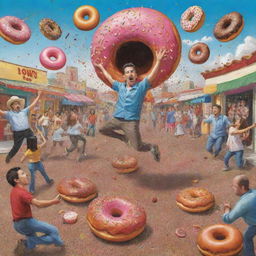 Whimsical illustration of 'The Chronicles of Donut Dave' part six, showcasing a Mexican fiesta-like scene with donuts exploding everywhere