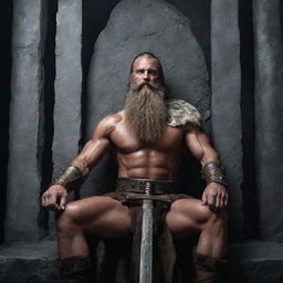 A Barbarian king seated on his stone throne, with his long beard and Nordic features, casting a severe gaze and his large sword resting beside him