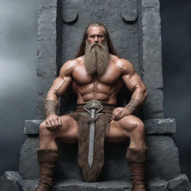 A Barbarian king seated on his stone throne, with his long beard and Nordic features, casting a severe gaze and his large sword resting beside him