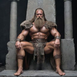 A Barbarian king seated on his stone throne, with his long beard and Nordic features, casting a severe gaze and his large sword resting beside him