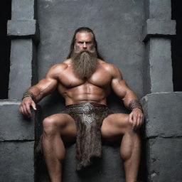 A Barbarian king seated on his stone throne, with his long beard and Nordic features, casting a severe gaze and his large sword resting beside him