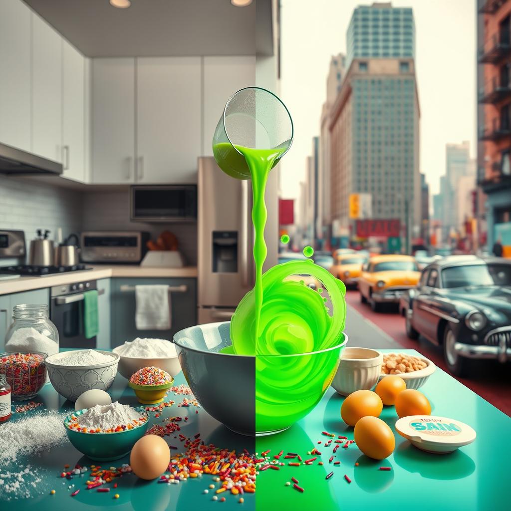 A vibrant kitchen scene featuring a table filled with various baking ingredients such as flour, sugar, eggs, and sprinkles