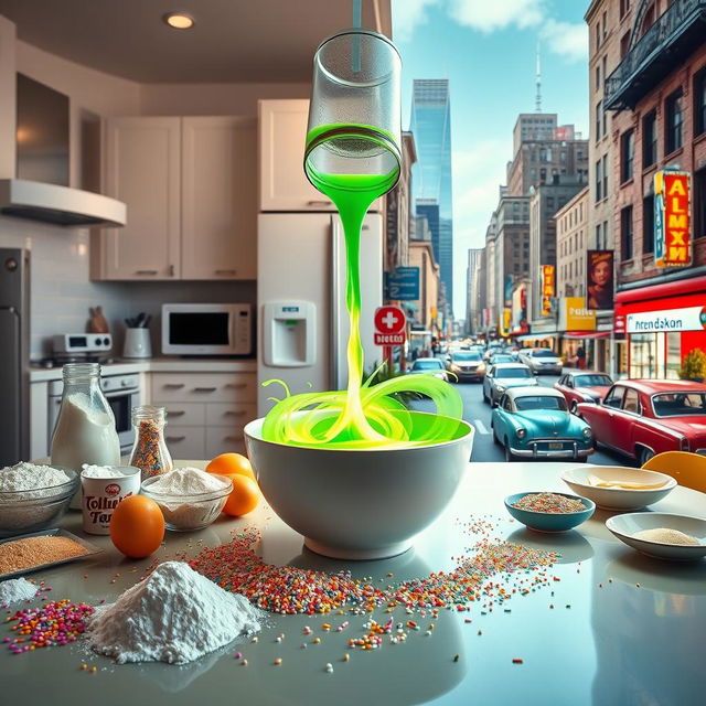 A vibrant kitchen scene featuring a table filled with various baking ingredients such as flour, sugar, eggs, and sprinkles