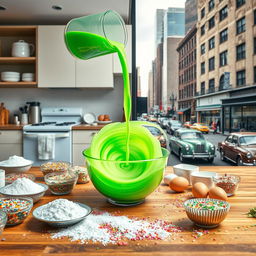 A vibrant kitchen scene featuring a table filled with various baking ingredients such as flour, sugar, eggs, and sprinkles