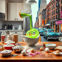 A vibrant kitchen scene featuring a table filled with various baking ingredients such as flour, sugar, eggs, and sprinkles