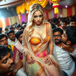 A busty, sad, and terrified beautiful blonde bride wearing a transparent saree over a colorful strapless bikini, showcasing her big breast cleavage and small panty