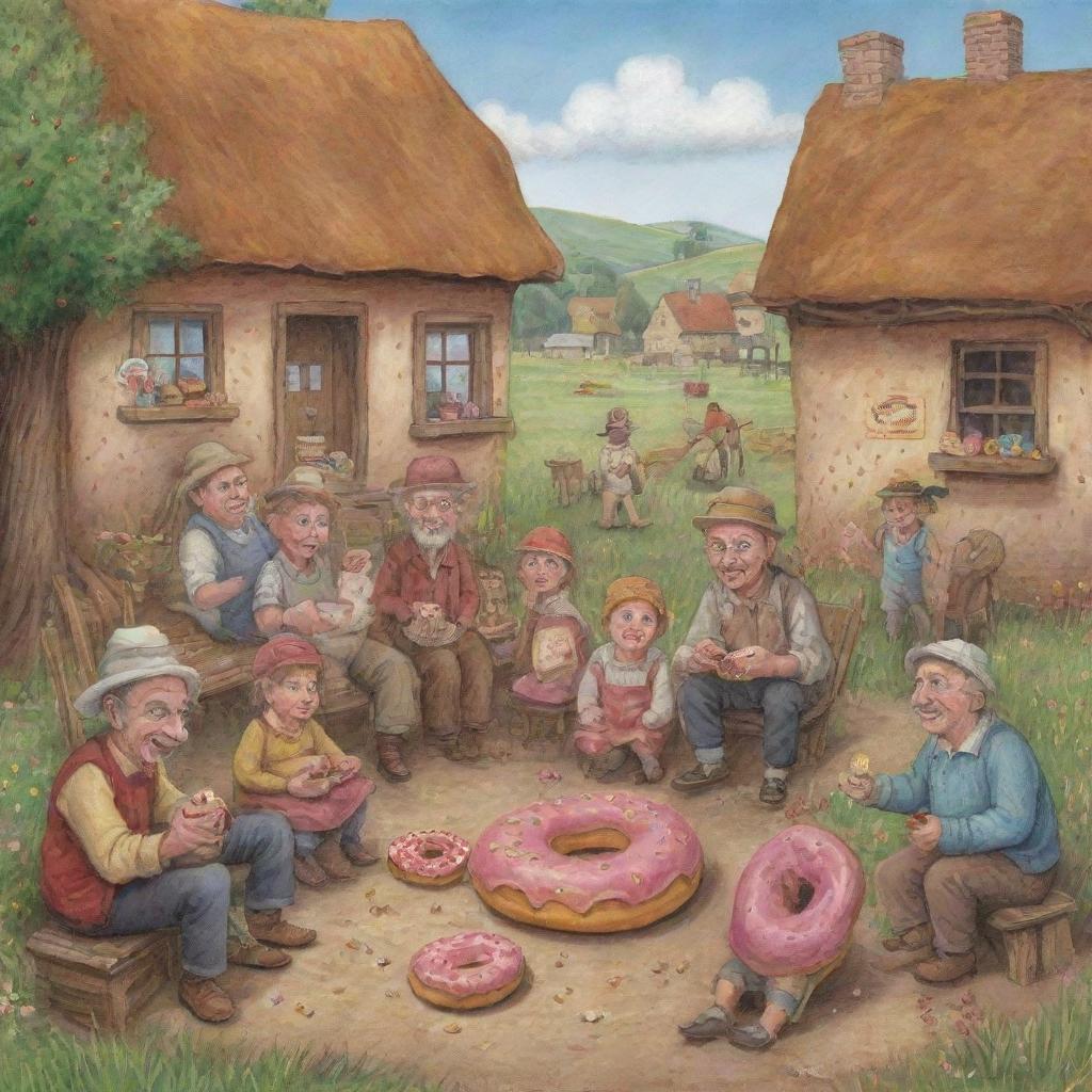 In a whimsical style, illustrate part seven of 'The Chronicles of Donut Dave', highlighting relieved villagers finally being able to eat again