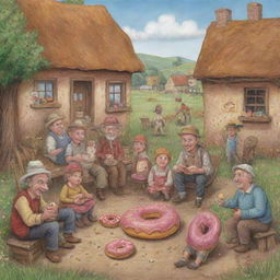 In a whimsical style, illustrate part seven of 'The Chronicles of Donut Dave', highlighting relieved villagers finally being able to eat again