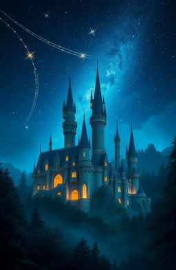 A stunning fantasy scene depicting a majestic castle at night, illuminated under a sky filled with twinkling stars