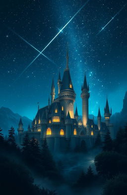 A stunning fantasy scene depicting a majestic castle at night, illuminated under a sky filled with twinkling stars
