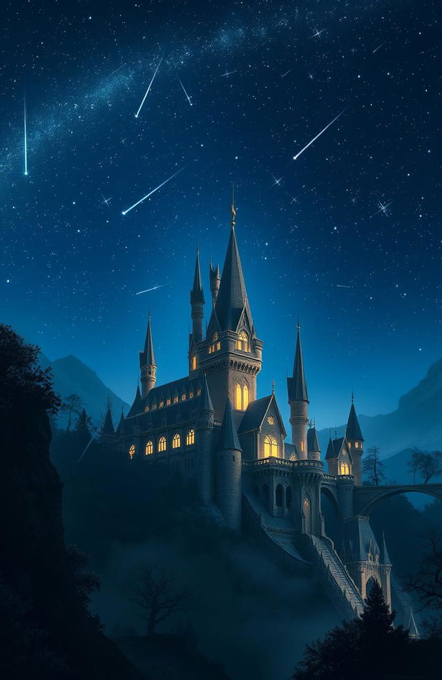 A stunning fantasy scene depicting a majestic castle at night, illuminated under a sky filled with twinkling stars