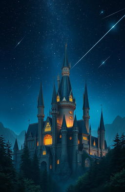 A stunning fantasy scene depicting a majestic castle at night, illuminated under a sky filled with twinkling stars