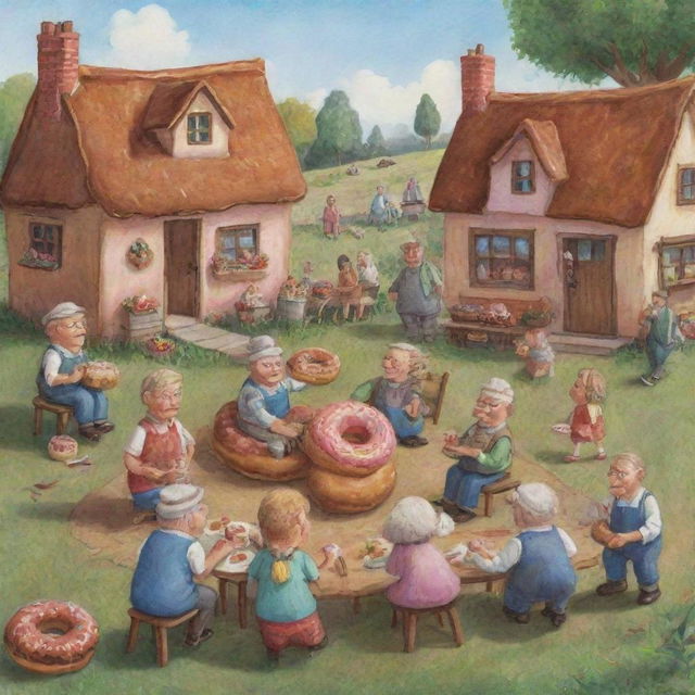 In a whimsical style, illustrate part seven of 'The Chronicles of Donut Dave', highlighting relieved villagers finally being able to eat again