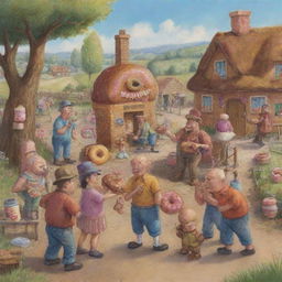 In a whimsical style, illustrate part seven of 'The Chronicles of Donut Dave', highlighting relieved villagers finally being able to eat again