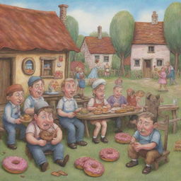 In a whimsical style, illustrate part seven of 'The Chronicles of Donut Dave', highlighting relieved villagers finally being able to eat again