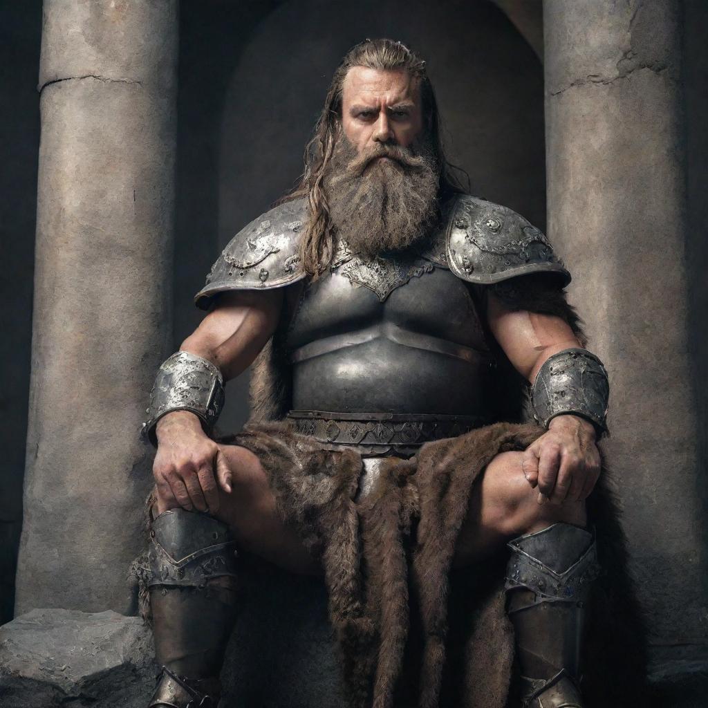 A Barbarian king seated on his stone throne, with a long beard and Nordic features