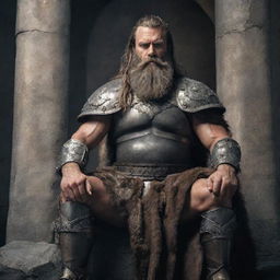 A Barbarian king seated on his stone throne, with a long beard and Nordic features