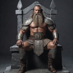 A Barbarian king seated on his stone throne, with a long beard and Nordic features