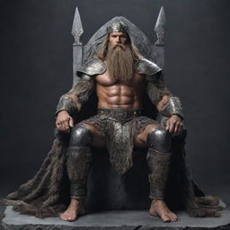 A Barbarian king seated on his stone throne, with a long beard and Nordic features