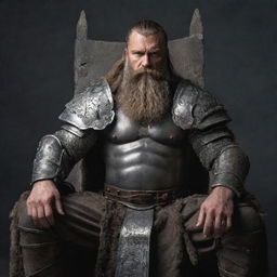 A Barbarian king seated on his stone throne, with a long beard and Nordic features