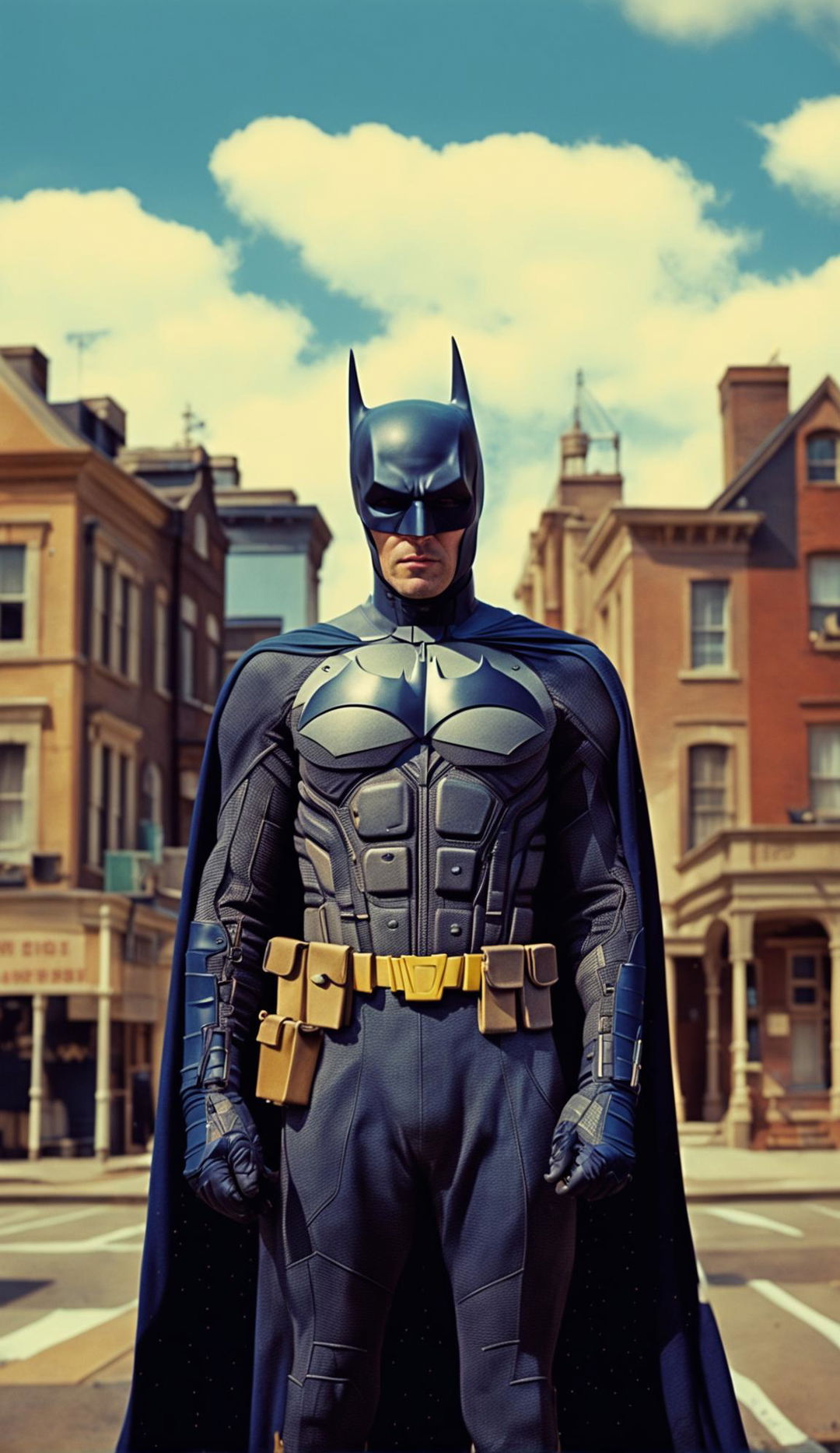 A 200mm, 32k HD vintage photograph of The Batman in a Wes Anderson-inspired style, featuring a pastel-colored Gotham City and a navy blue Batman suit