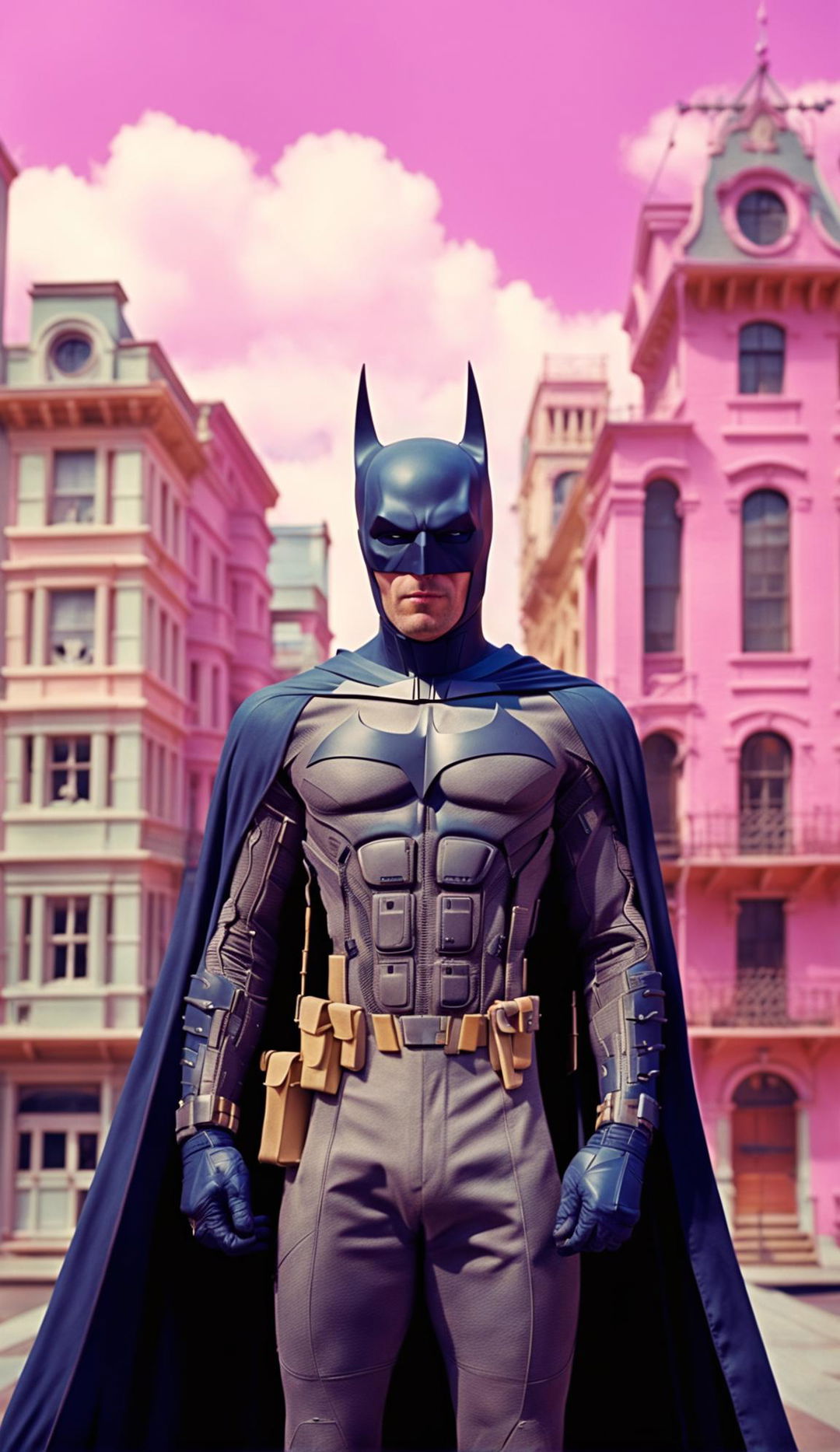 A 200mm, 32k HD vintage photograph of The Batman in a Wes Anderson-inspired style, featuring a pastel-colored Gotham City with pinks and pastels dominating the palette and a navy blue Batman suit