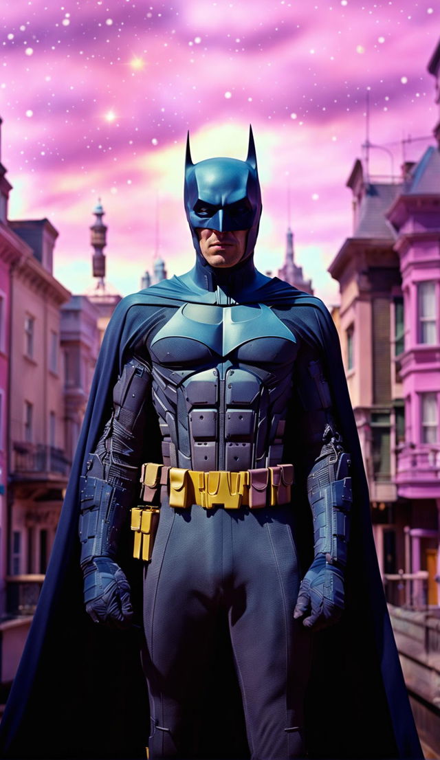 A 200mm, 32k HD photograph of The Batman in a Wes Anderson-inspired style, featuring a pastel-colored Gotham City with pinks and pastels dominating the palette, a navy blue Batman suit, and a cosmic radiance illuminating the scene